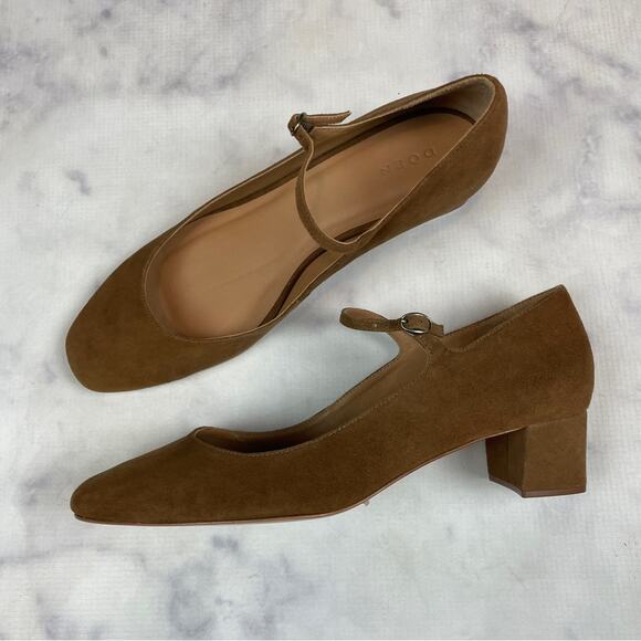 DOEN Tabac Brown Suede Mary Jane Low Heels Ballet Strap Pumps Sz 37.5 NWOB - Picture 2 of 11